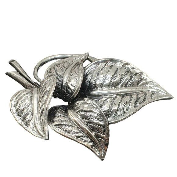 Tortolani Leaf Brooch Layered Leaves Silver Tone Pin Botanical Cluster 3.5" MCM - Picture 5 of 10